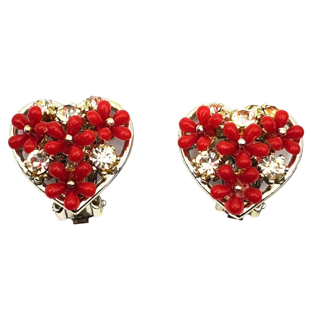 Red Lucite Heart Clip Earrings Silver Tone Flower Rhinestone Vintage Valentines